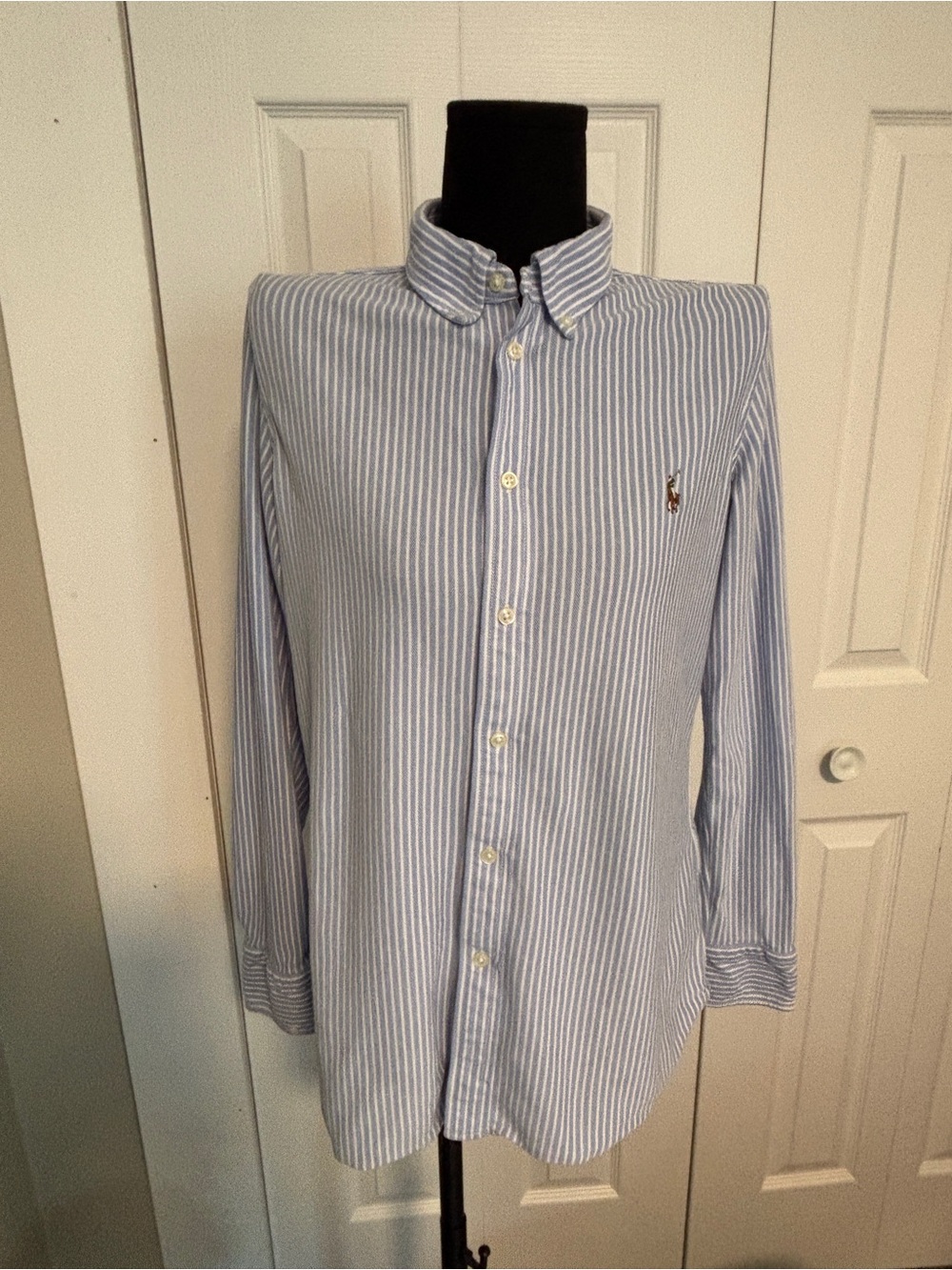 Women’s XL Preppy Stretch Blue and White Striped Ralph Lauren Button Down Oxford